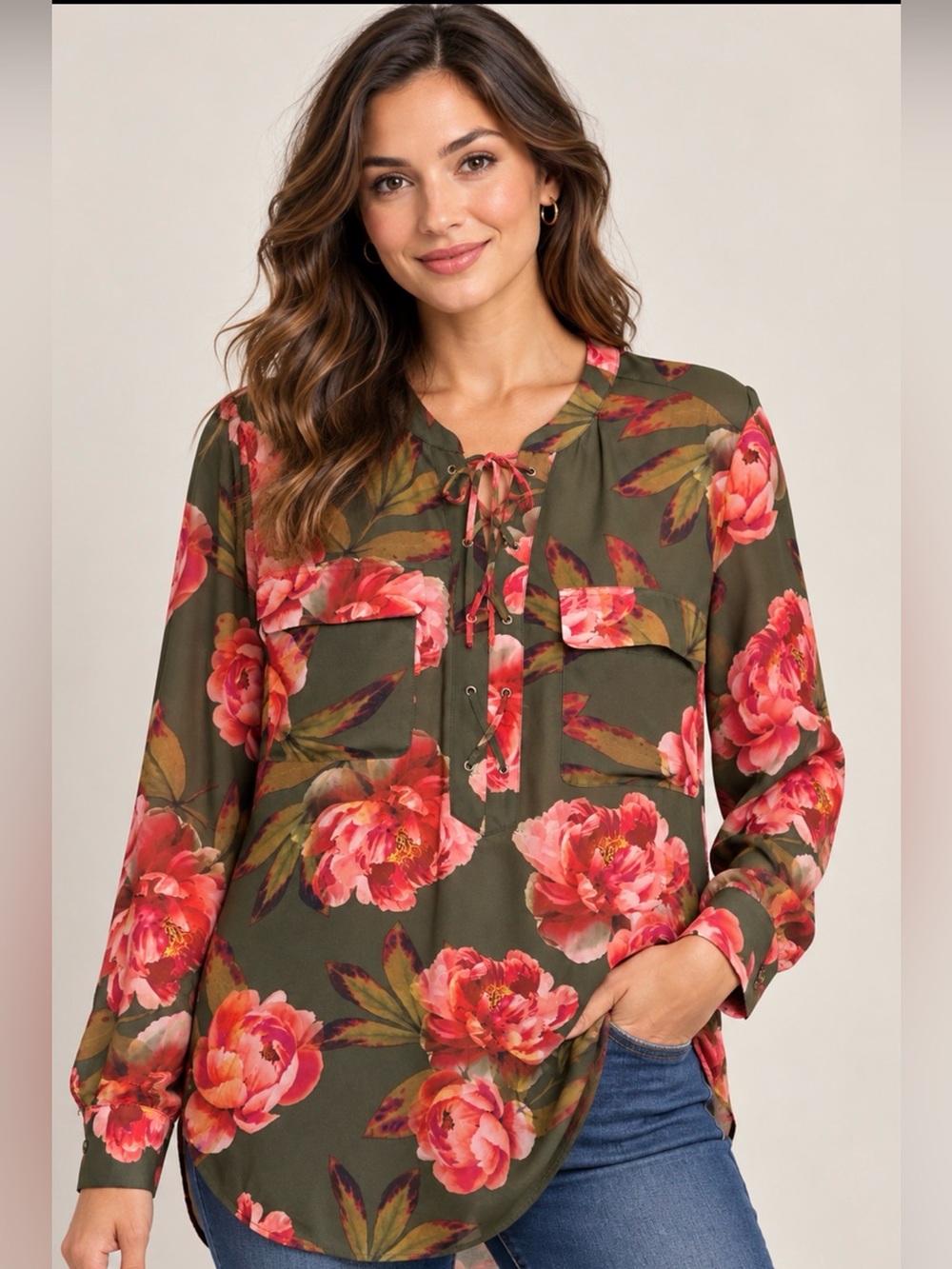 a.n.a A New Approach Floral Lace-Up Blouse Women’s XL Olive Green Pink
